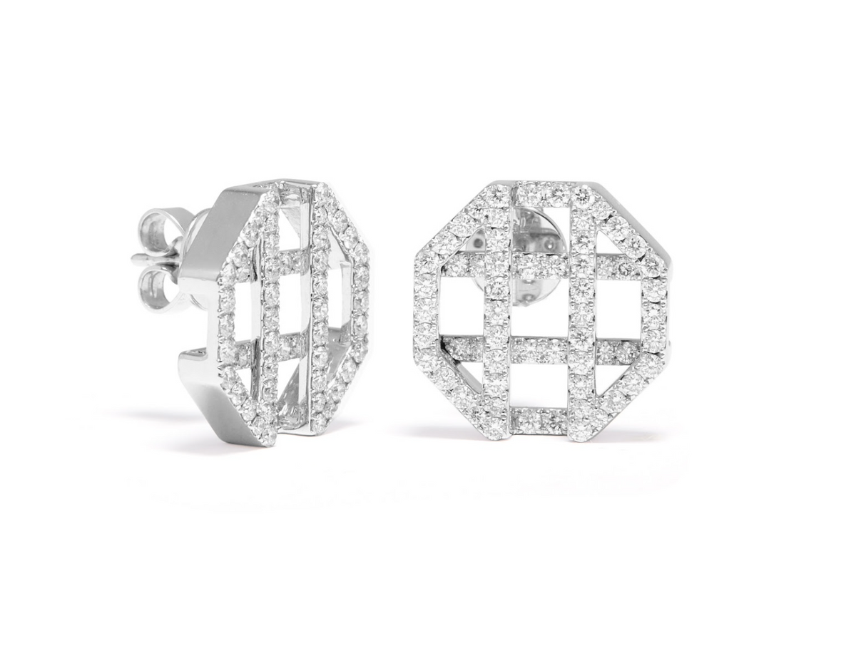 Octagon Full Diamond Earrings - White Gold