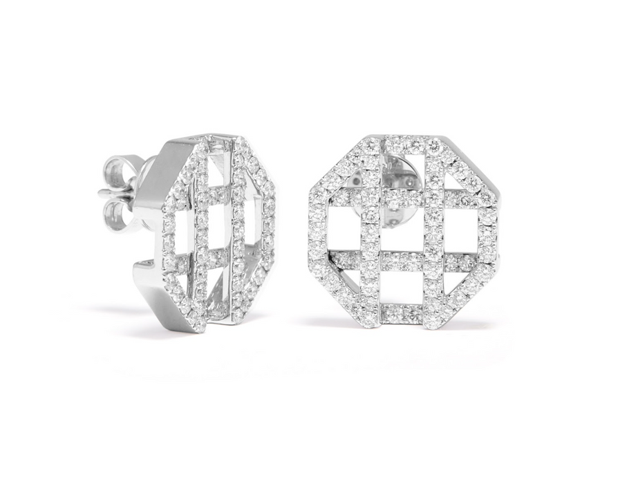 Octagon Full Diamond Earrings - White Gold
