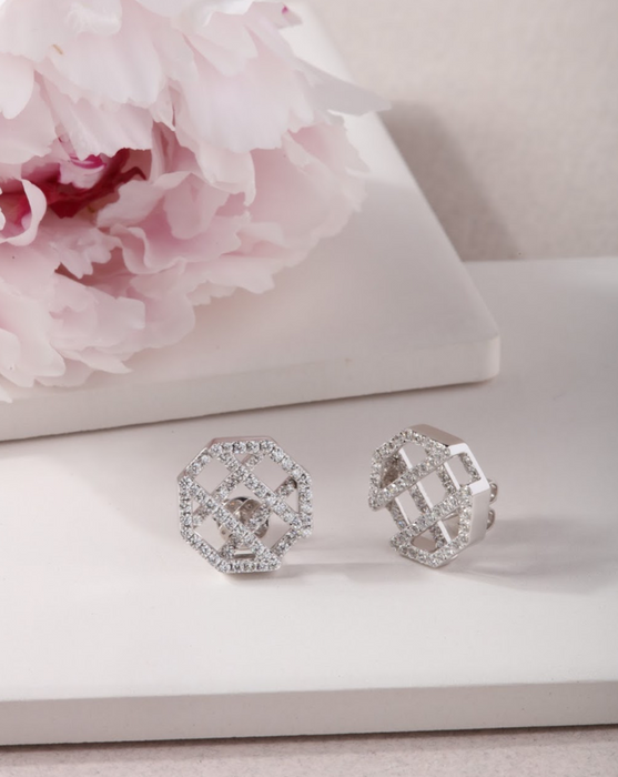 Octagon Full Diamond Earrings - White Gold
